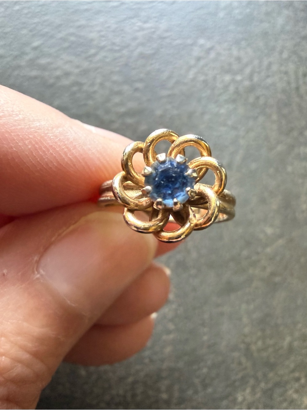Vintage Petite Gold Flower Pinky Ring with Blue Stone - 3.5 adjustable